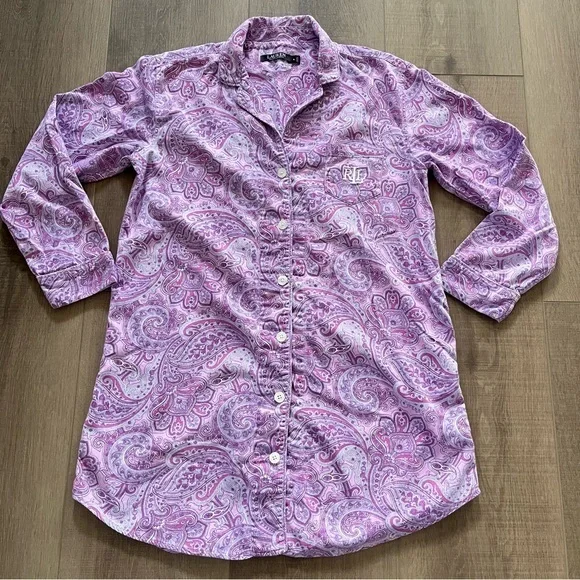 Lauren Ralph Lauren Black Label Purple Pink Paisley Nite Shirt Gown Women Medium - Picture 2 of 9